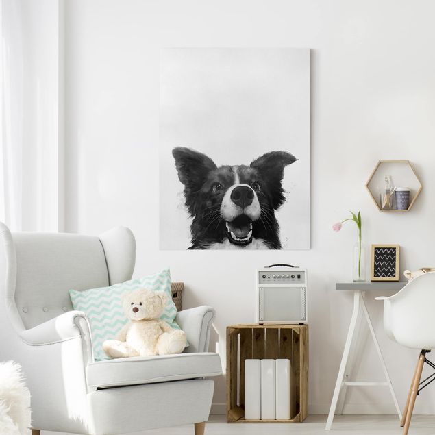 Quadri su tela con cani Illustrazione - Cane Border Collie Pittura in bianco e nero