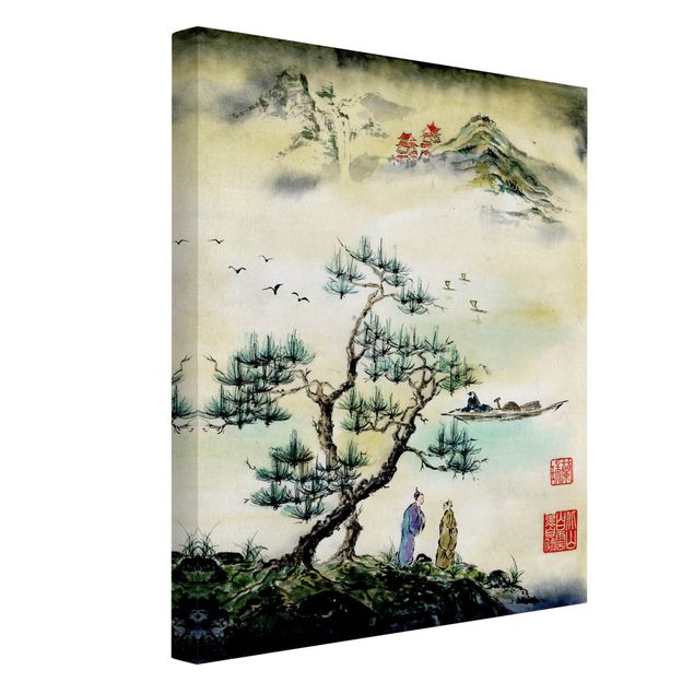 Quadri con alberi Disegno acquerello giapponese pino e villaggio di montagna