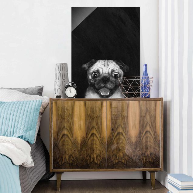 Quadri in vetro in bianco e nero Illustrazione - cane carlino pittura su bianco e nero