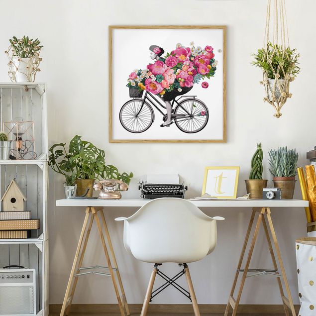 Quadri moderni per arredamento Illustrazione - Donna in bicicletta - Collage di fiori colorati