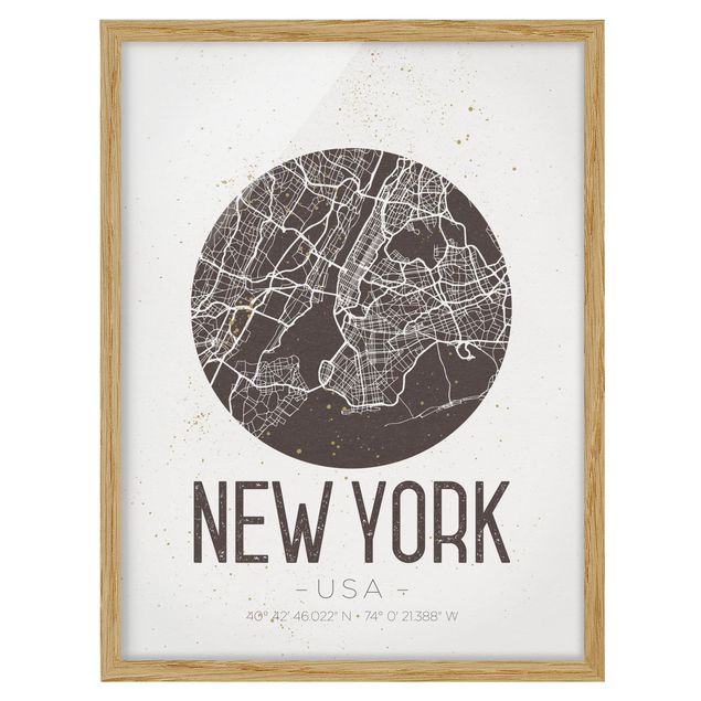 Quadri con cornice con frasi Mappa di New York - Retrò