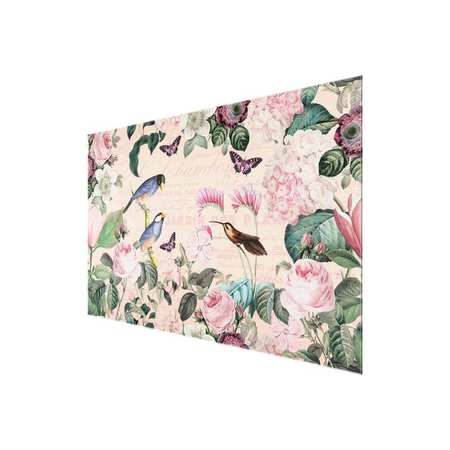 Quadro rosa Collage vintage - Rose e uccelli