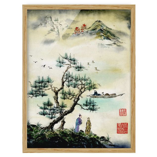 Quadri con cornice con paesaggio Disegno acquerello giapponese pino e villaggio di montagna