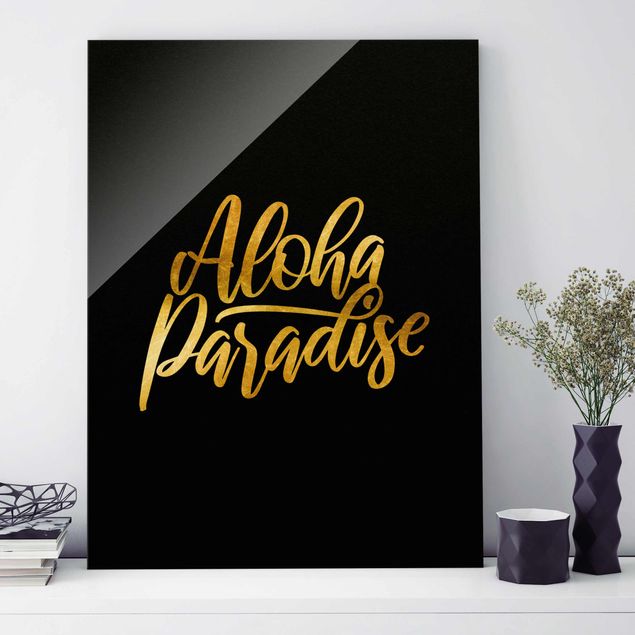 Quadro in vetro - Gold - Aloha Paradise On Black - Verticale 4:3