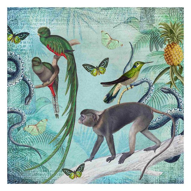 Carta da parati floreale Collage in stile coloniale - Scimmie e uccelli del paradiso