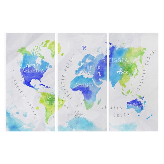 Quadri blu Mappa del mondo Acquerello Blu Verde