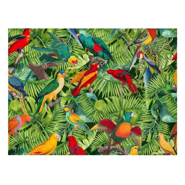 Quadro floreale Collage colorato - Pappagalli nella giungla