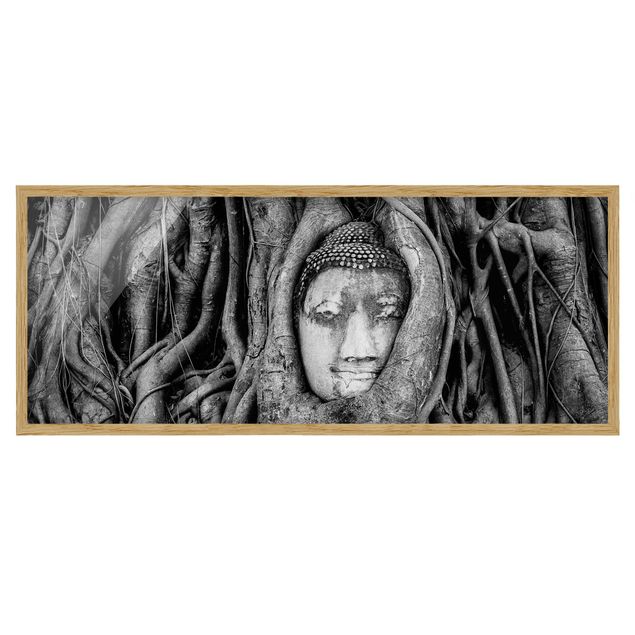 Stampe Buddha ad Ayutthaya foderato di radici d'albero in bianco e nero