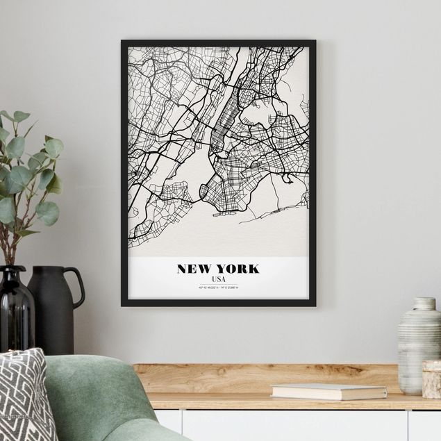 Quadri con cornice in bianco e nero Mappa di New York - Classica