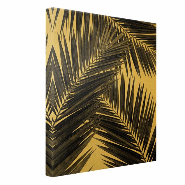 Quadro su tela oro - Scorcio tra foglie di palme in bianco e nero