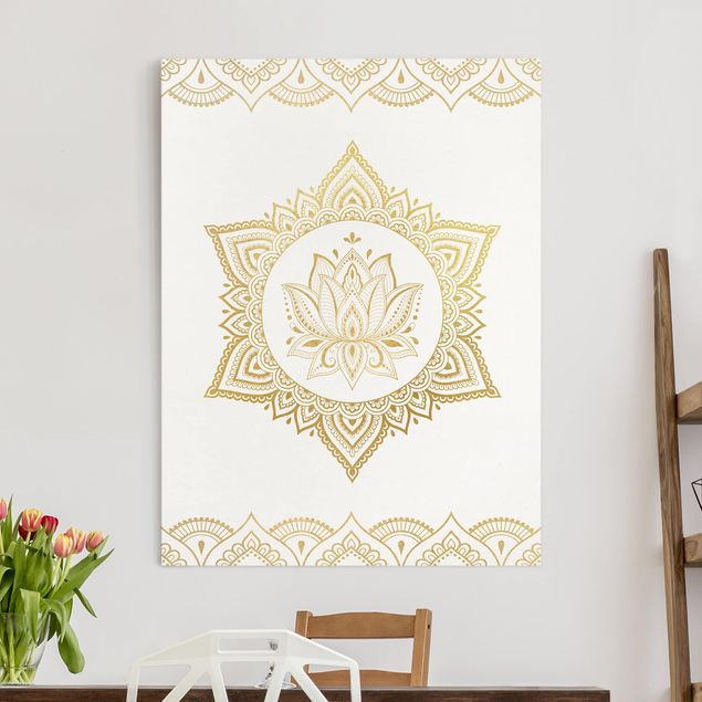 Quadri su tela con disegni Mandala Loto - Illustrazione Ornamentale Oro Bianco