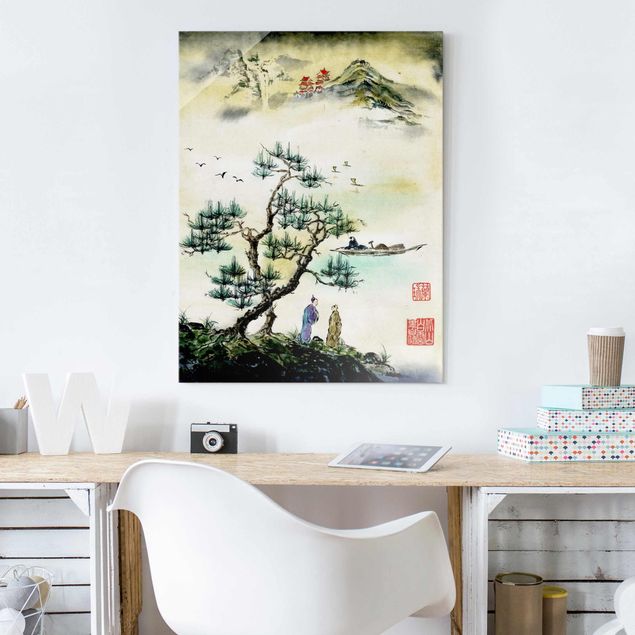 Quadro alberi Disegno acquerello giapponese pino e villaggio di montagna