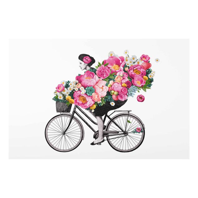 Quadro rosa Illustrazione - Donna in bicicletta - Collage di fiori colorati