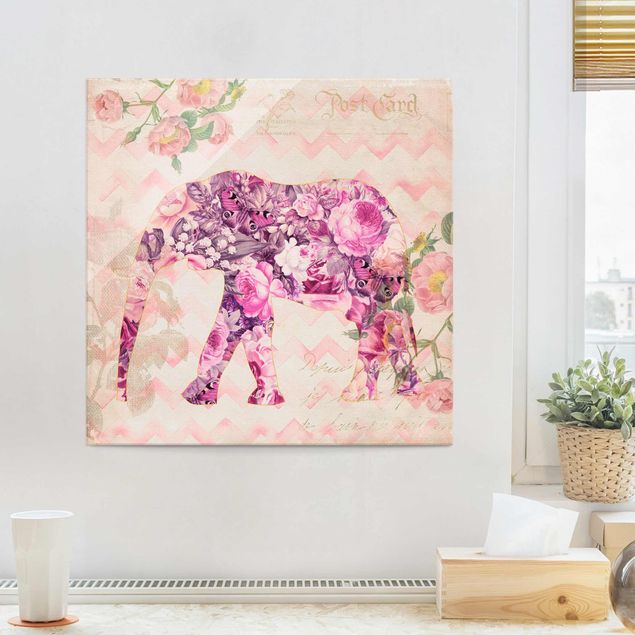 Quadri in vetro con rose Collage vintage - Fiori rosa elefante