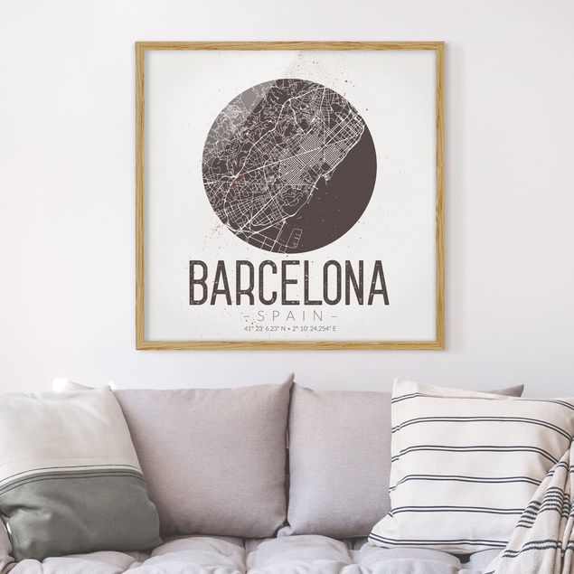 Quadri con cornice in bianco e nero Mappa della città di Barcellona - Retrò
