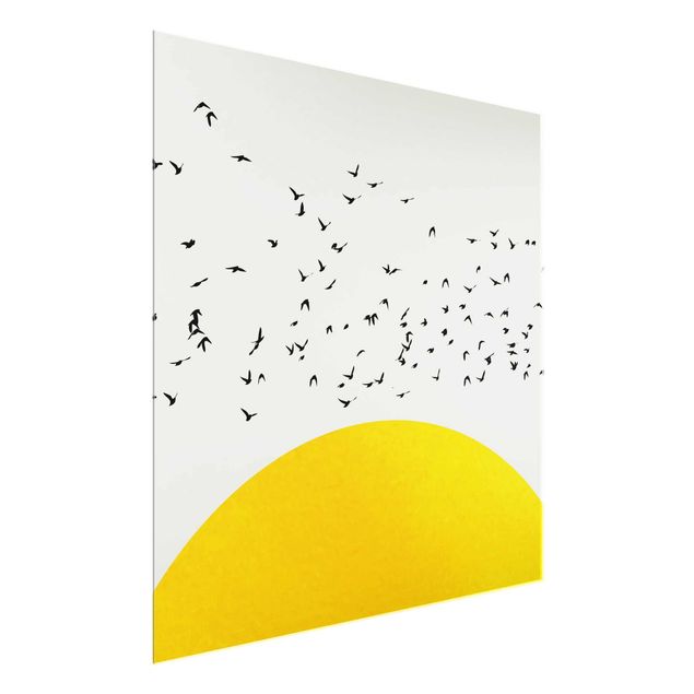 Quadri in vetro con animali Stormo di uccelli di fronte al sole giallo