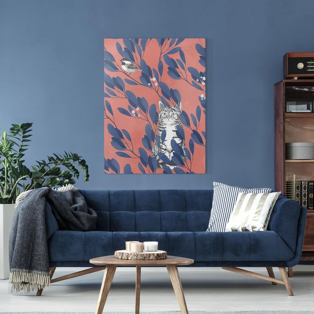 Quadri su tela con gatti Illustrazione - Gatto e uccello su ramo blu rosso