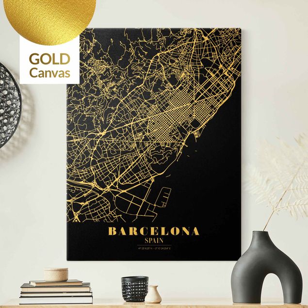 Quadro mappamondo Mappa della città di Barcellona - Nero classico
