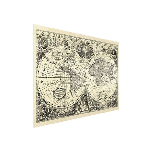 Quadri in vetro con mappamondo Mappa del mondo vintage Illustrazione antica