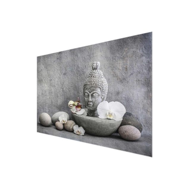 Quadro grigio Buddha Zen, orchidea e pietra