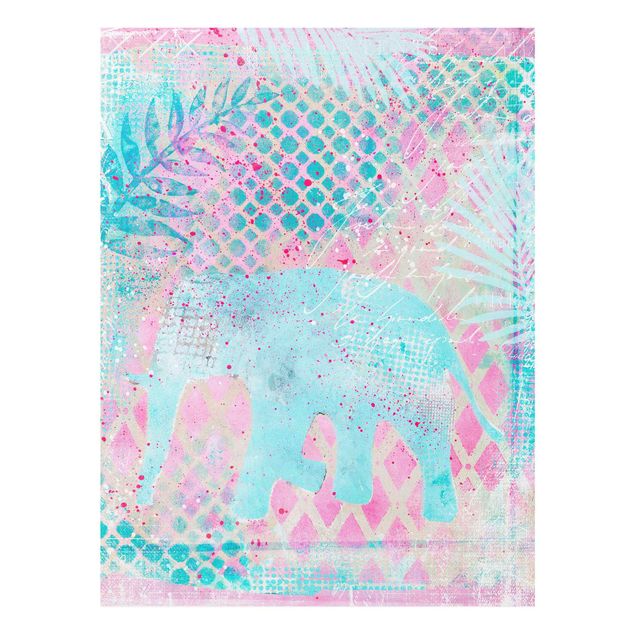 Quadri fiori Collage colorato - Elefante in blu e rosa
