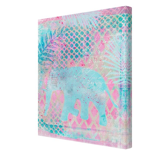 Quadri di fiori Collage colorato - Elefante in blu e rosa