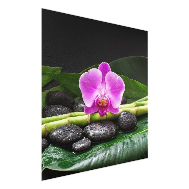 Quadri in vetro con fiori Bambù verde con fiore di orchidea