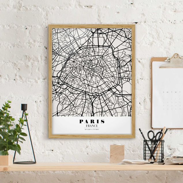 Quadri con cornice in bianco e nero Mappa di Parigi - Classica