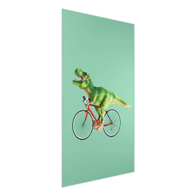 Quadri in vetro con animali Dinosauro con bicicletta