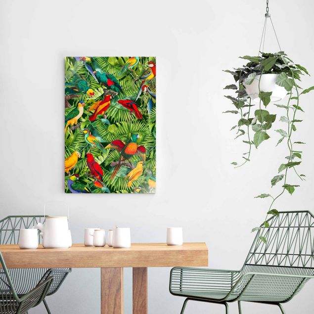 Quadri in vetro con fiori Collage colorato - Pappagalli nella giungla