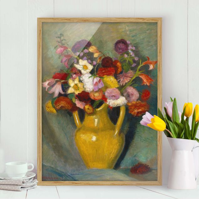 Quadro espressionismo Otto Modersohn - Bouquet colorato in una brocca di argilla gialla
