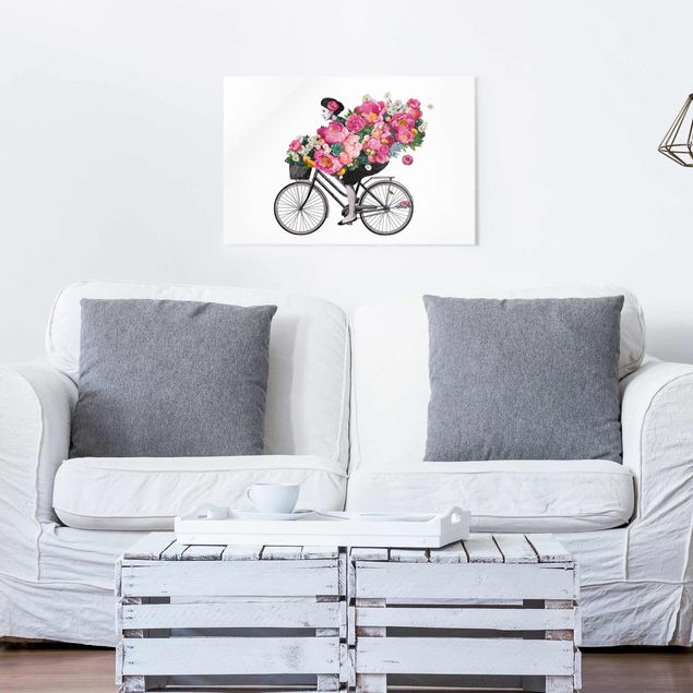 Quadri in vetro con fiori Illustrazione - Donna in bicicletta - Collage di fiori colorati