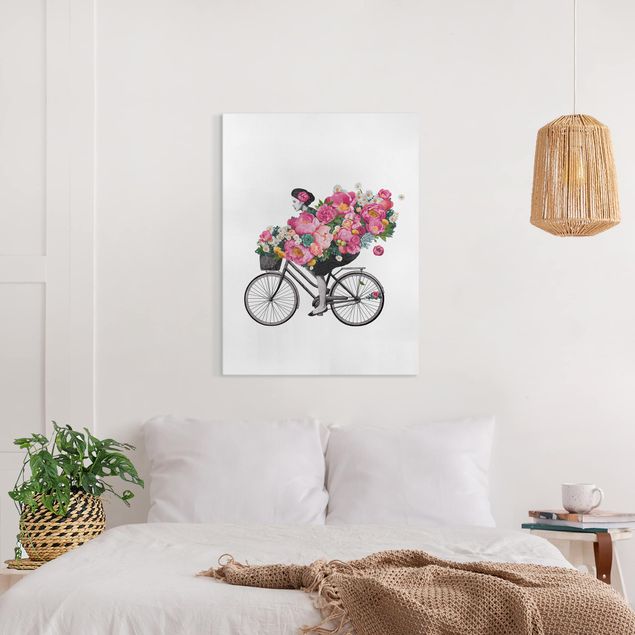 Quadri fiori Illustrazione - Donna in bicicletta - Collage di fiori colorati