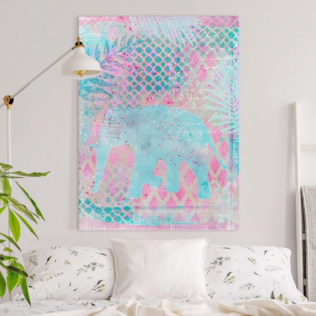 Quadri su tela con elefanti Collage colorato - Elefante in blu e rosa