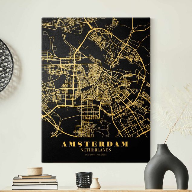 Quadro nero Mappa della città di Amsterdam - Nero classico