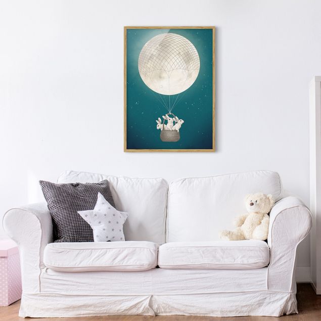 Riproduzioni quadri famosi Illustrazione - Conigli e luna come mongolfiera cielo stellato