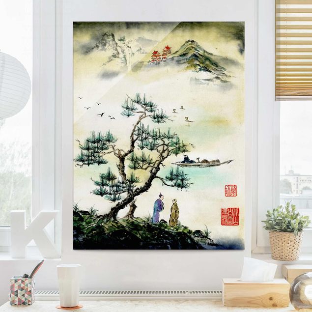 Quadri in vetro con montagna Disegno acquerello giapponese pino e villaggio di montagna