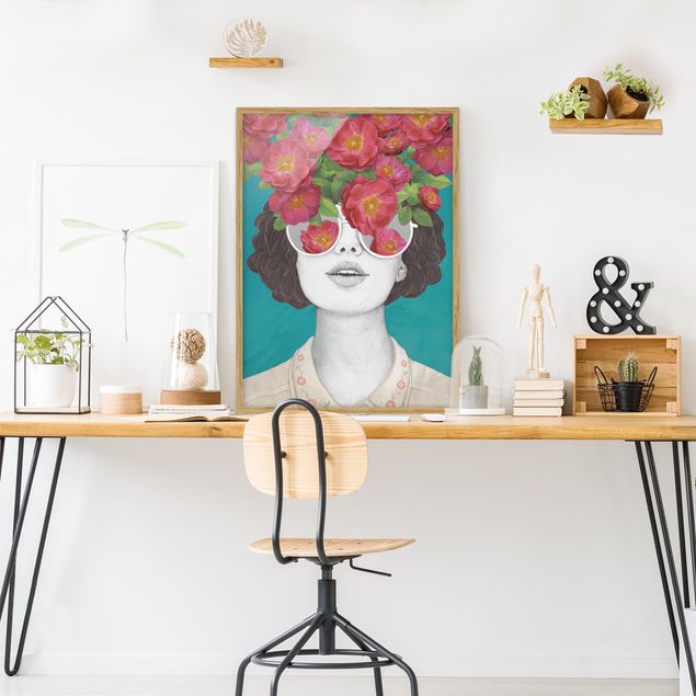 Ritratto quadro Illustrazione - Ritratto di Donna - Collage con Fiori Occhiali