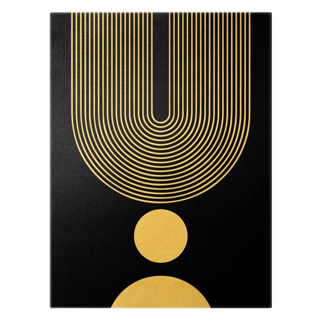 Quadro su tela oro - Forme geometriche - Arcobaleno e cerchi in nero