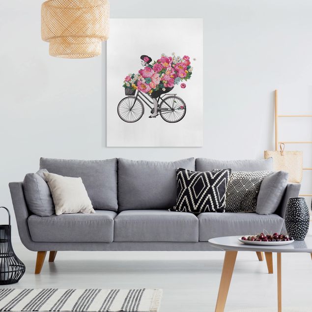 Quadro moderno Illustrazione - Donna in bicicletta - Collage di fiori colorati