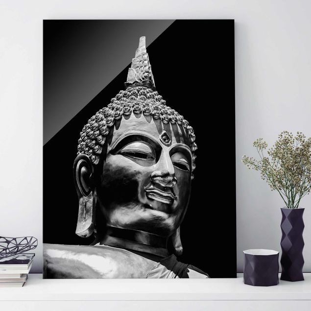 Quadri in vetro in bianco e nero Volto di statua di Buddha