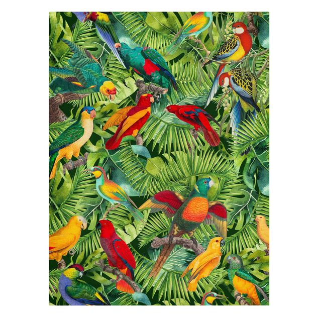 Quadro floreale Collage colorato - Pappagalli nella giungla