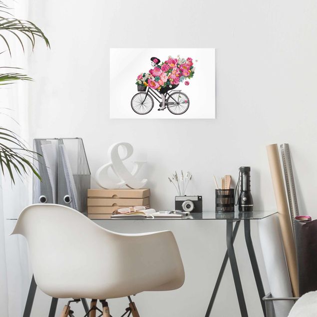 Quadro moderno Illustrazione - Donna in bicicletta - Collage di fiori colorati