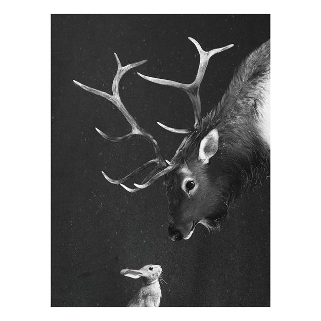 Quadri in vetro riproduzioni Illustrazione - Cervo e Coniglio Disegno in bianco e nero