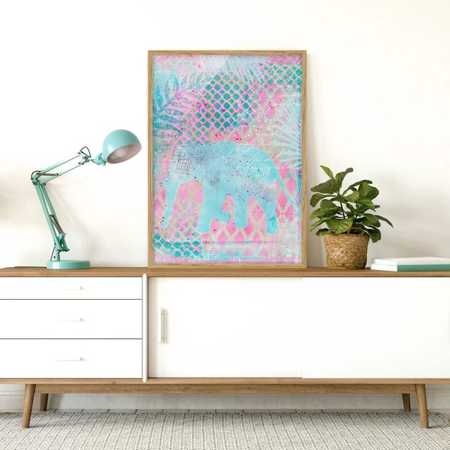 Quadri con elefanti Collage colorato - Elefante in blu e rosa