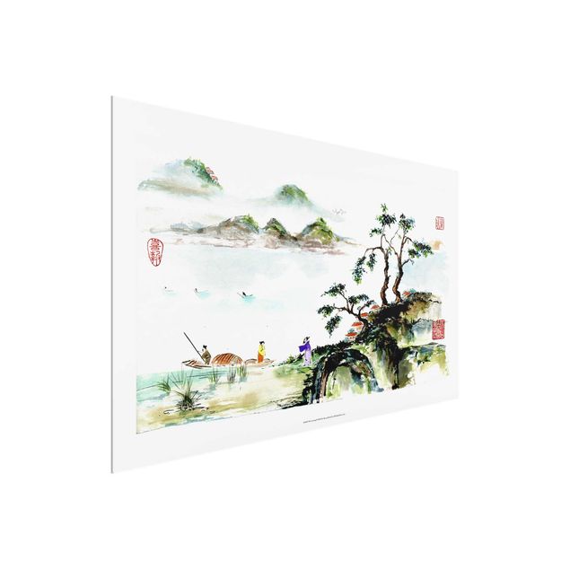 Quadri in vetro con paesaggio Disegno giapponese ad acquerello di lago e montagne