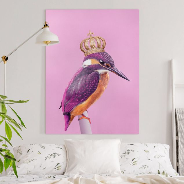 Quadri su tela con uccelli Martin pescatore rosa con corona