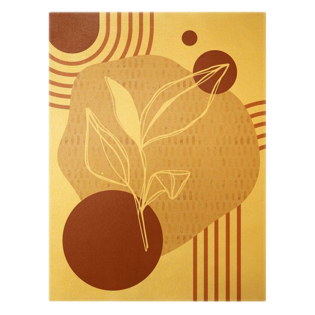 Quadro su tela oro - Forme geometriche - Foglie in arancione e oro