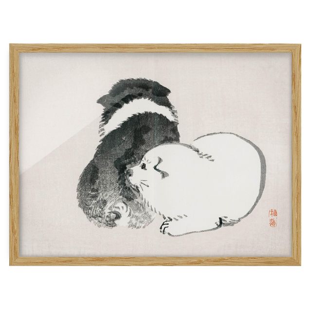 Quadri con cornice con animali Disegno vintage asiatico cagnolino bianco e nero