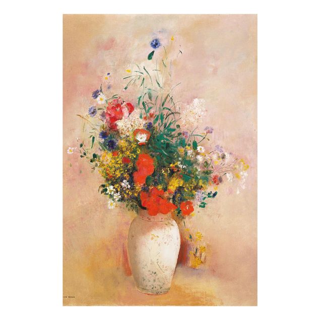 Quadri in vetro con fiori Odilon Redon - Vaso con fiori (sfondo rosato)